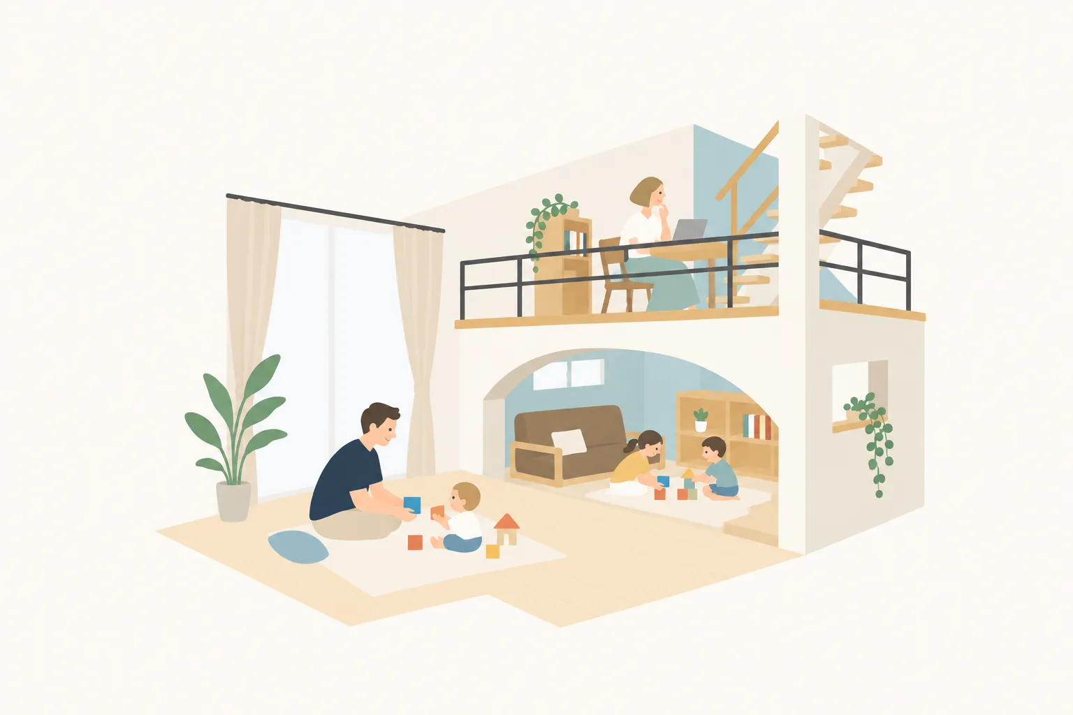 中2階と遊び場で家族がつながる暮らしのイラスト