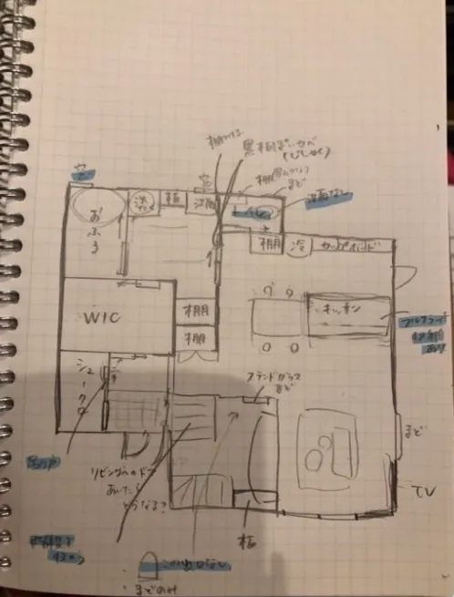奥さまが方眼ノートに手描きした間取り図